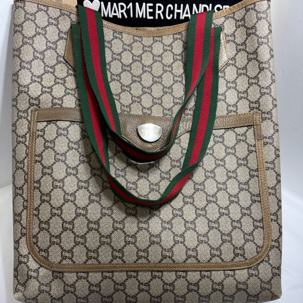 Gucci Beige GG Canvas Tote with Green and Red Web Straps